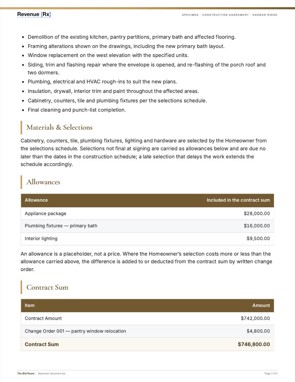 Specimen construction agreement — allowances and contract sum