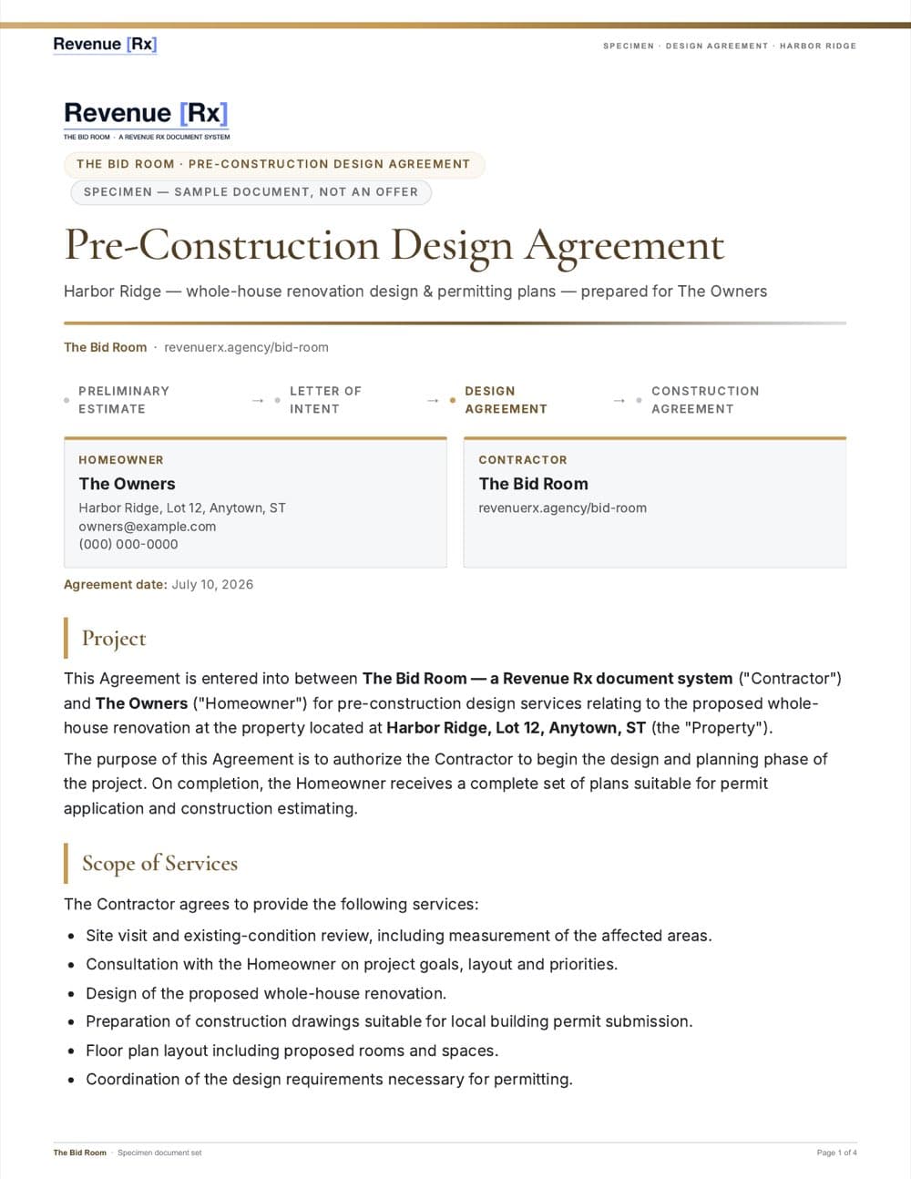 Specimen pre-construction design agreement, first page