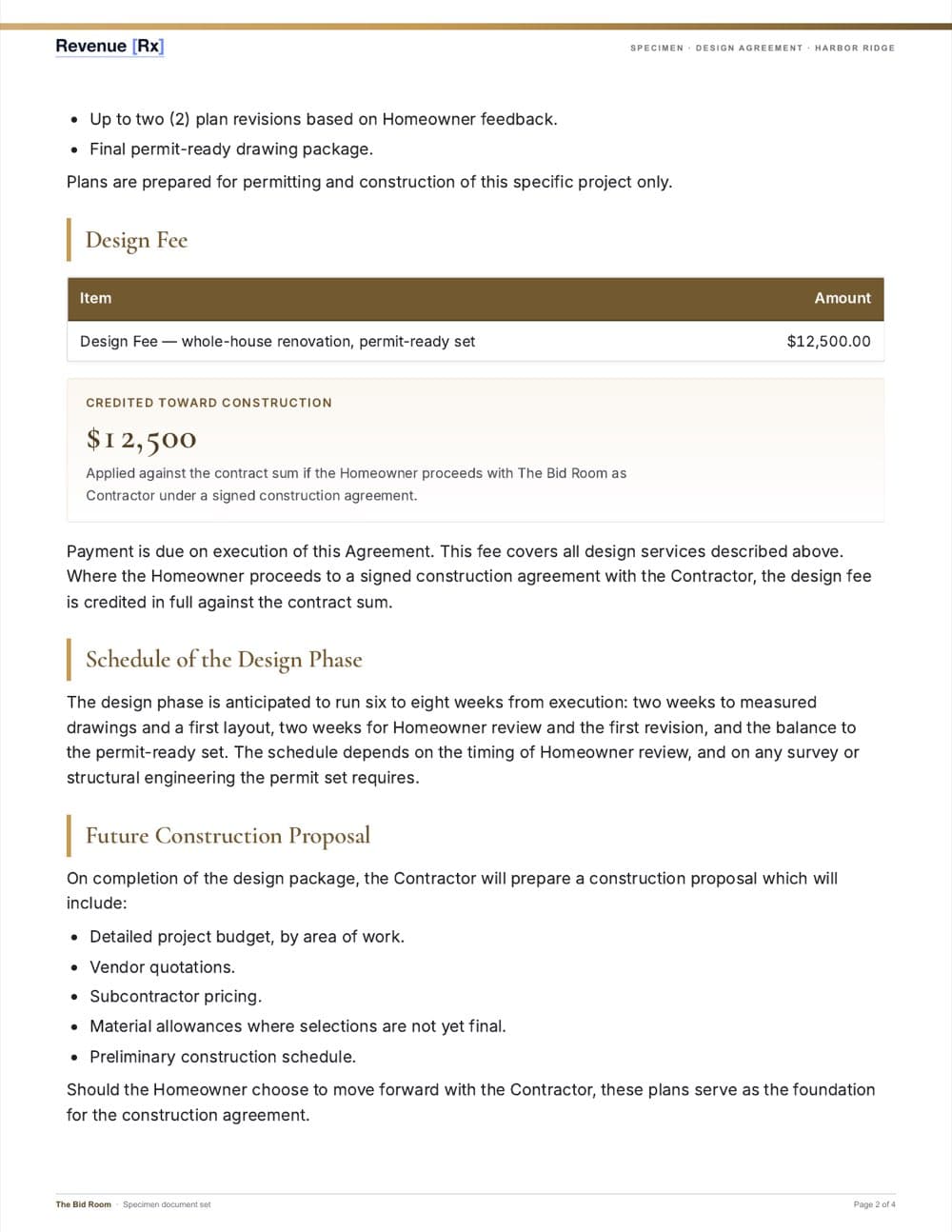 Specimen design agreement — design fee and credit toward construction