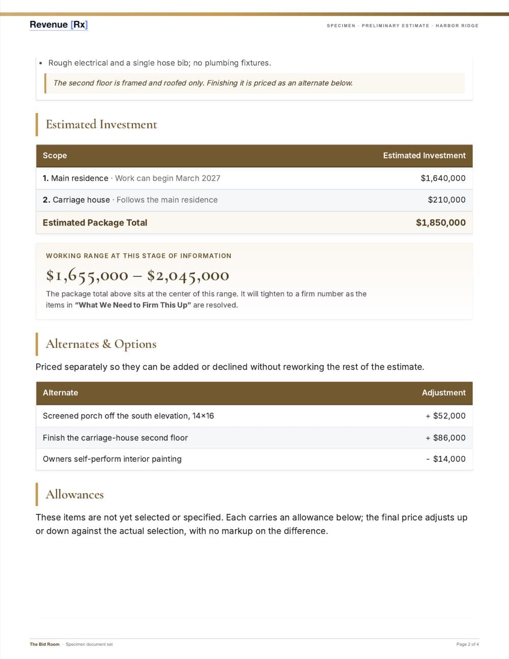 Specimen preliminary estimate, page two