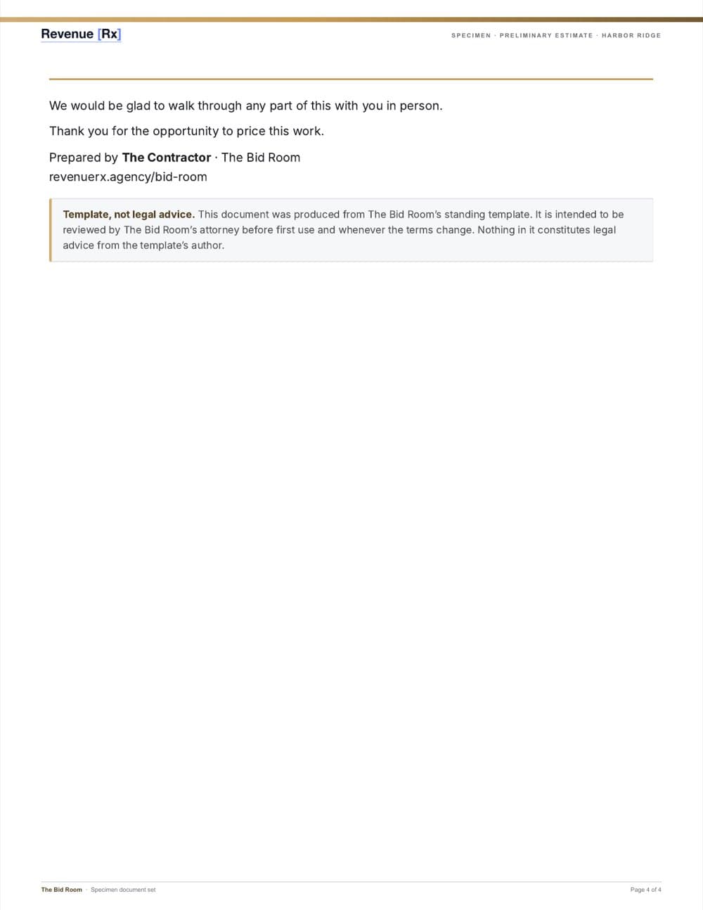 Specimen preliminary estimate, page four — open items and the handoff