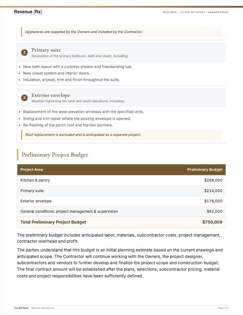 Specimen letter of intent — anticipated scope and preliminary budget