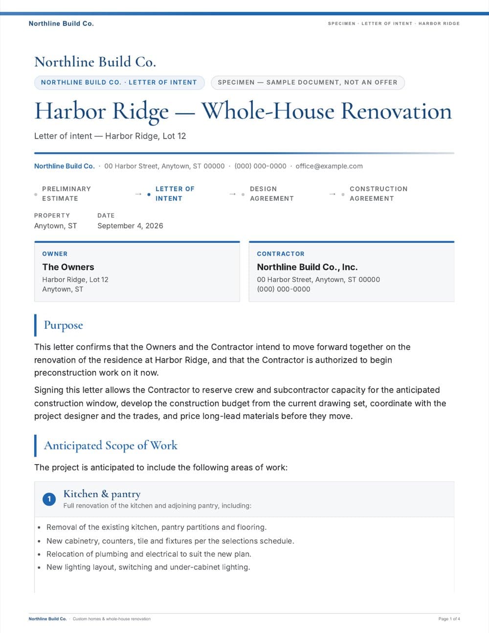 The same letter of intent rendered in a different builder's brand