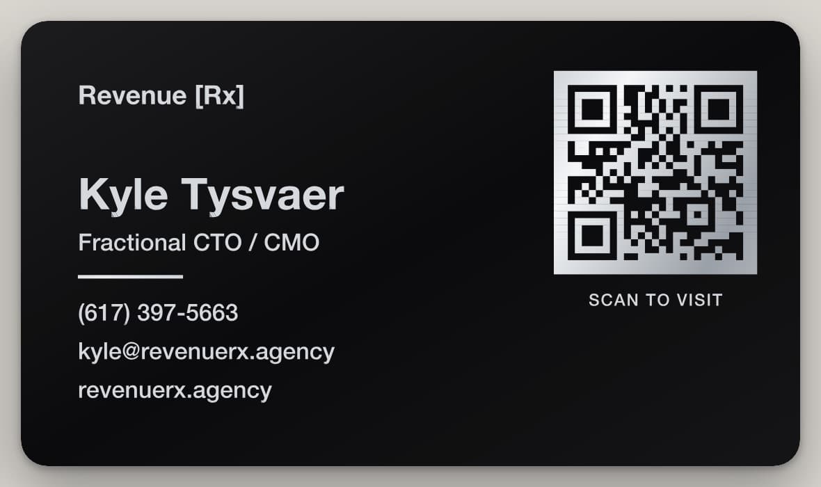 Mockup of the back of the card: name, title, phone, email and an engraved QR code