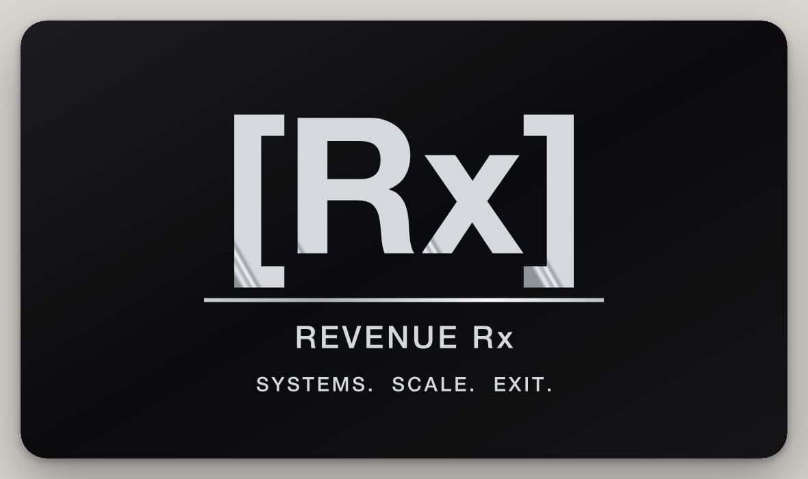Mockup of the front of a black metal Revenue Rx business card with the Rx mark engraved in steel
