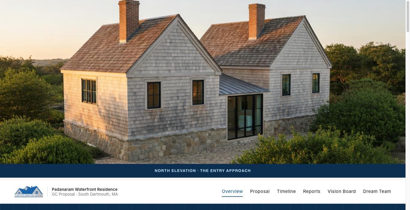 A builder-branded proposal room open at the overview page, with a rendered elevation above the builder's logo and a six-tab nav.