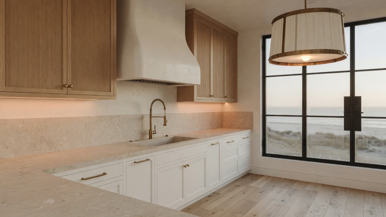 Rendered study of the kitchen — island, range wall and windows to the water.