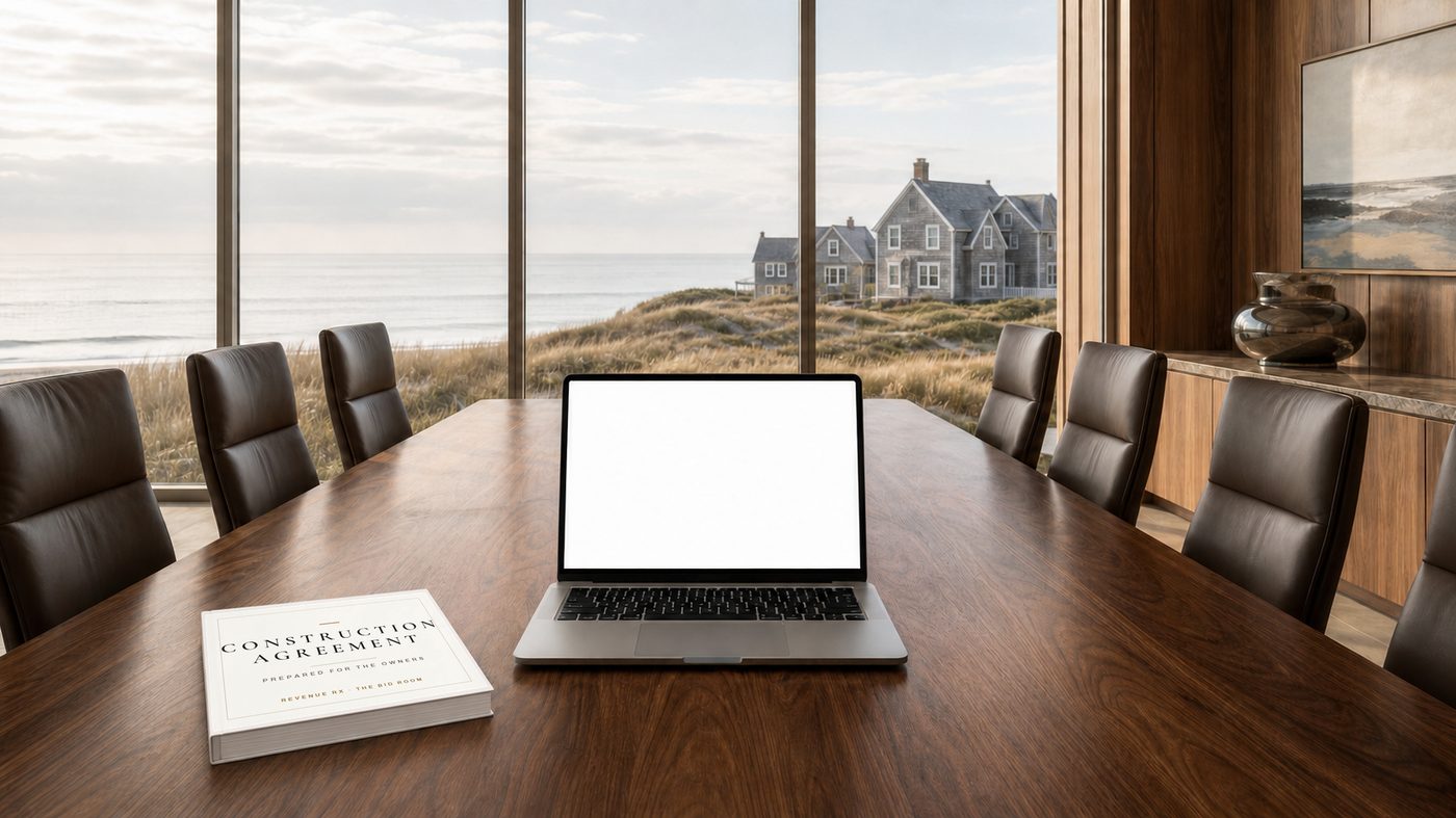 High-end boardroom — The Dunes. On the table, a laptop playing a rendered study of a custom home.