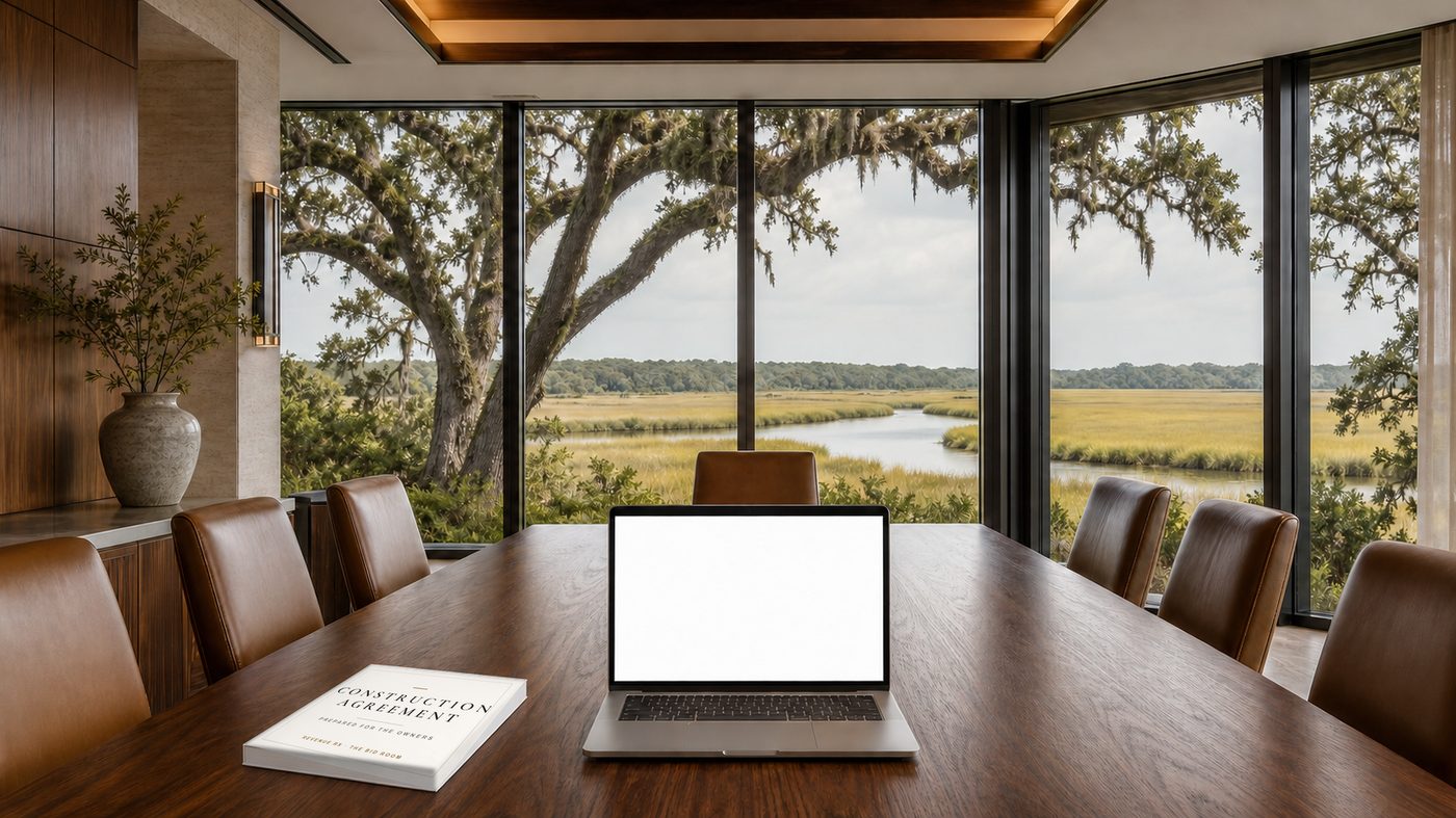 High-end boardroom — The Low Country. On the table, a laptop playing a rendered study of a custom home.